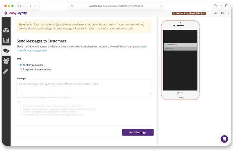 Loopy Loyalty Messaging send to all